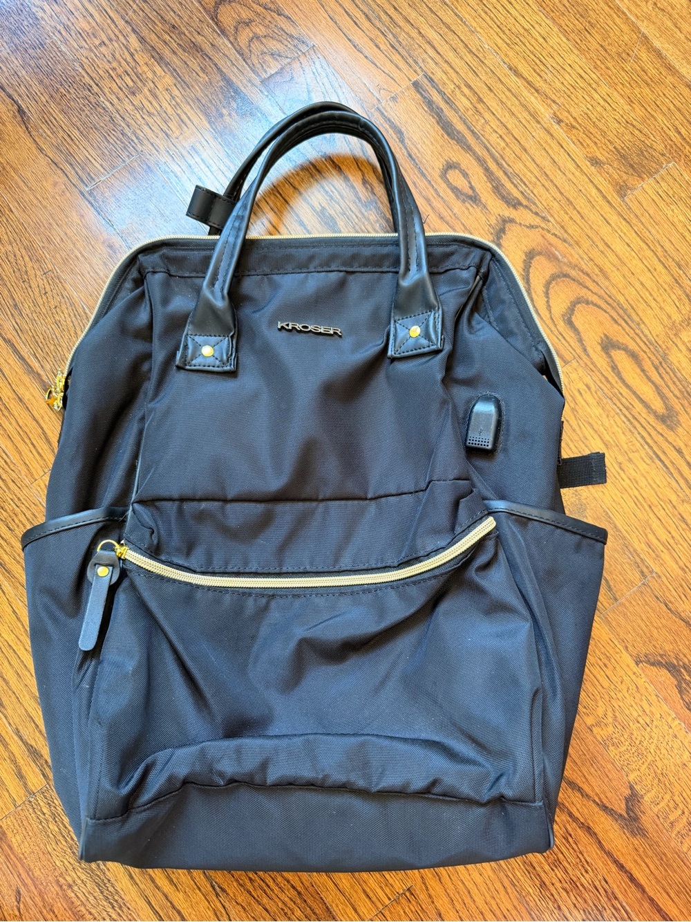 KROSER Black Nylon Laptop Backpack Tote with Gold Hardware with USB Port